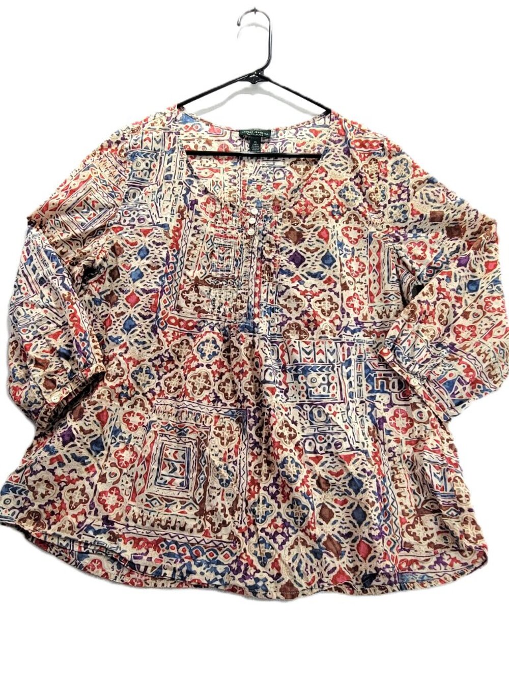 Lauren Ralph Lauren XL Boho Geometric Medallion Henley Blouse 3/4 Sleeve